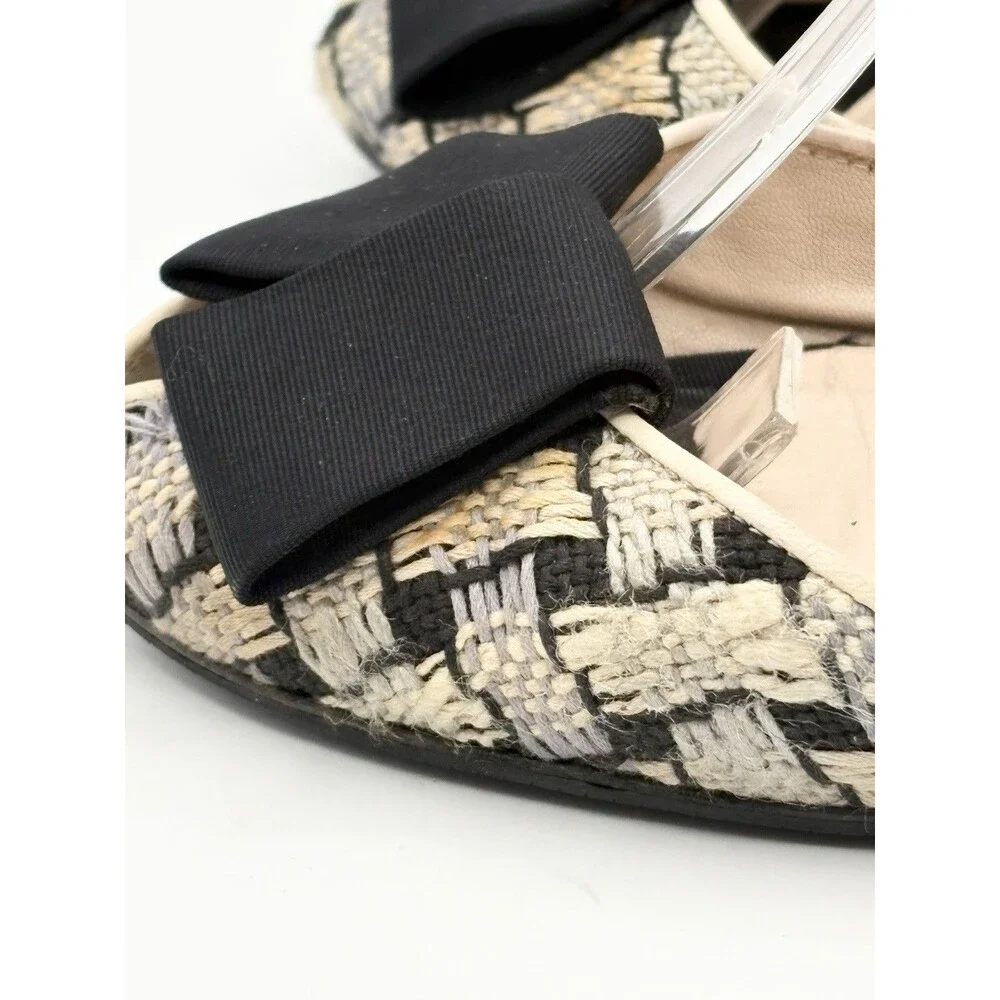 Chanel S/S 2005 Blue & White Tweed Heels w/ Black Bow Accent Vintage EU 36.5